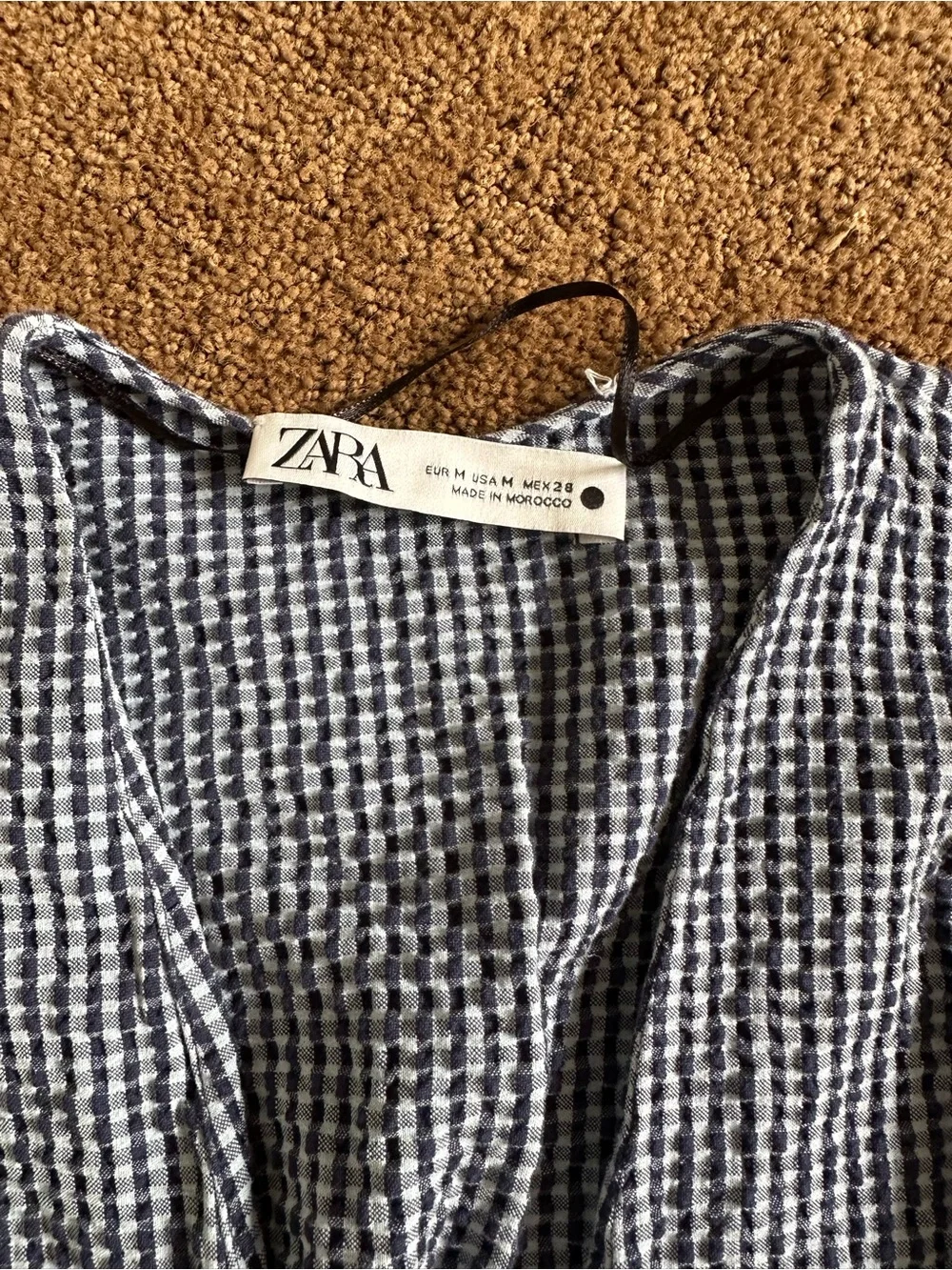 ZARA Black & White Gingham V-Neck Ruched Waist Blouse